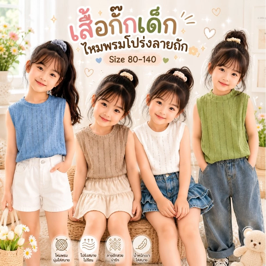 เสื้อกั๊กเด็กไหมพรม แขนกุด ลายถักโปร่ง สไตล์เกาหลี ใส่ได้ทุกฤดู🕊️สินค้าพร้อมส่ง🕊️