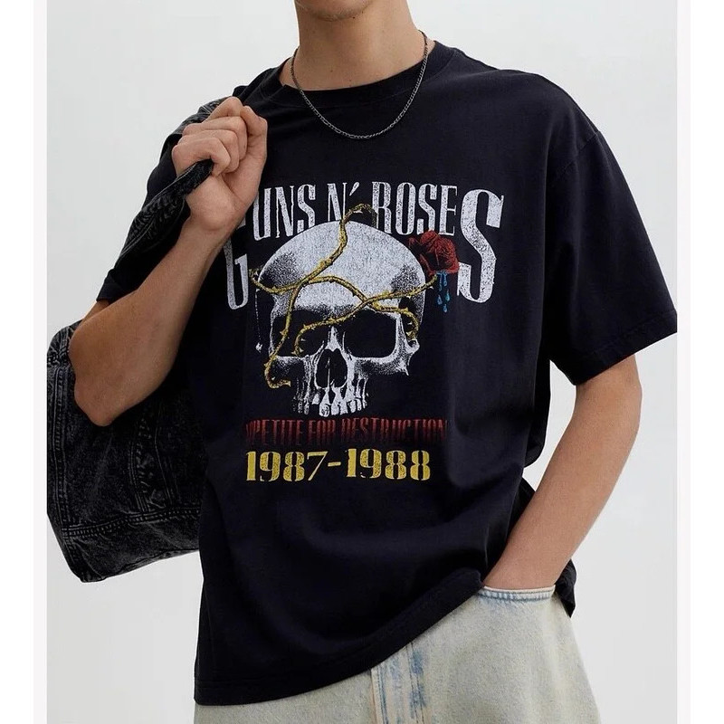 เสื้อยืดผู้หญิง Slash Guitar Guns N Roses ปี 2026 เสื้อยืดลำลอง แขนสั้น คอกลม เสื้อผ้าแฟชั่น ไซส์มาต