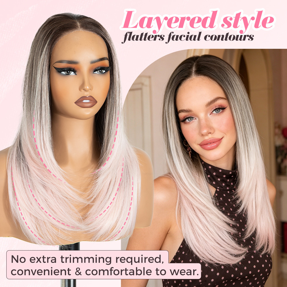 18 นิ้วตรงชั้นสีเทาสีชมพู Ombre Glueless สวมใส่ Go วิกผม 13x3 ลูกไม้ด้านหน้าวิกผมสังเคราะห์ Pre-Plucked Hairline เส้นใยทนความร้อนสําหรับผู้หญิงทุกวันคอสเพลย์