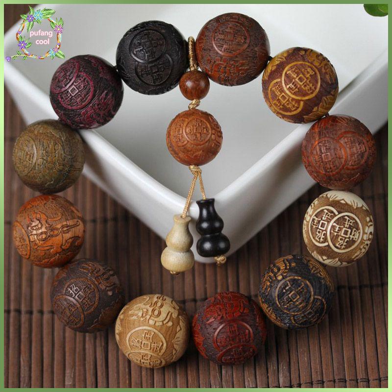 PUCOOL คลาสสิก 20 มม.Handmade ไม้แกะสลักสร้อยข้อมือลูกปัดจี้สําหรับผู้ชายและผู้หญิงเครื่องประดับของขวัญ TH