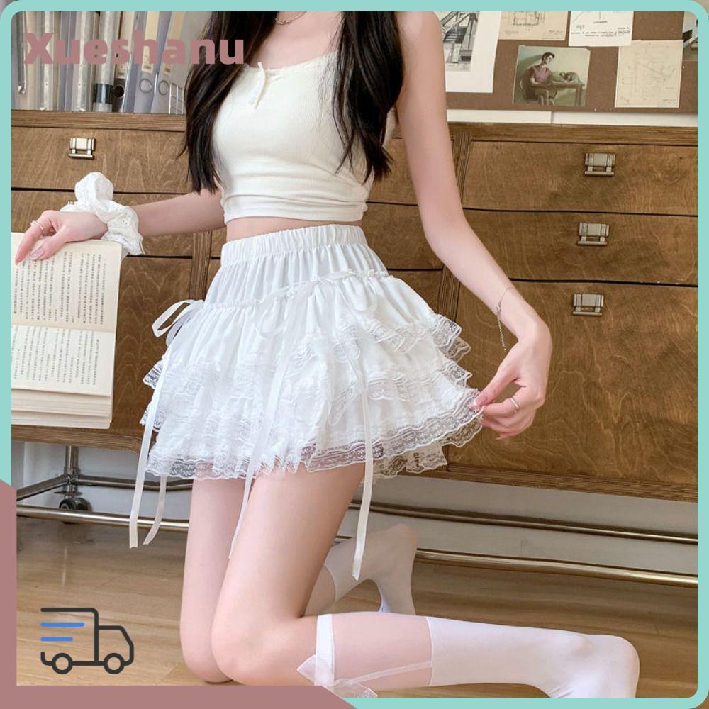XUESEEE กระโปรงสั้นลูกไม้สีขาว, แฟชั่นเกาหลี Ruffle Design Y2k Lolita กระโปรงมินิ, สไตล์น่ารักเอวสูง Anti-exposure กระโปรงอ้วนฤดูร้อน Season