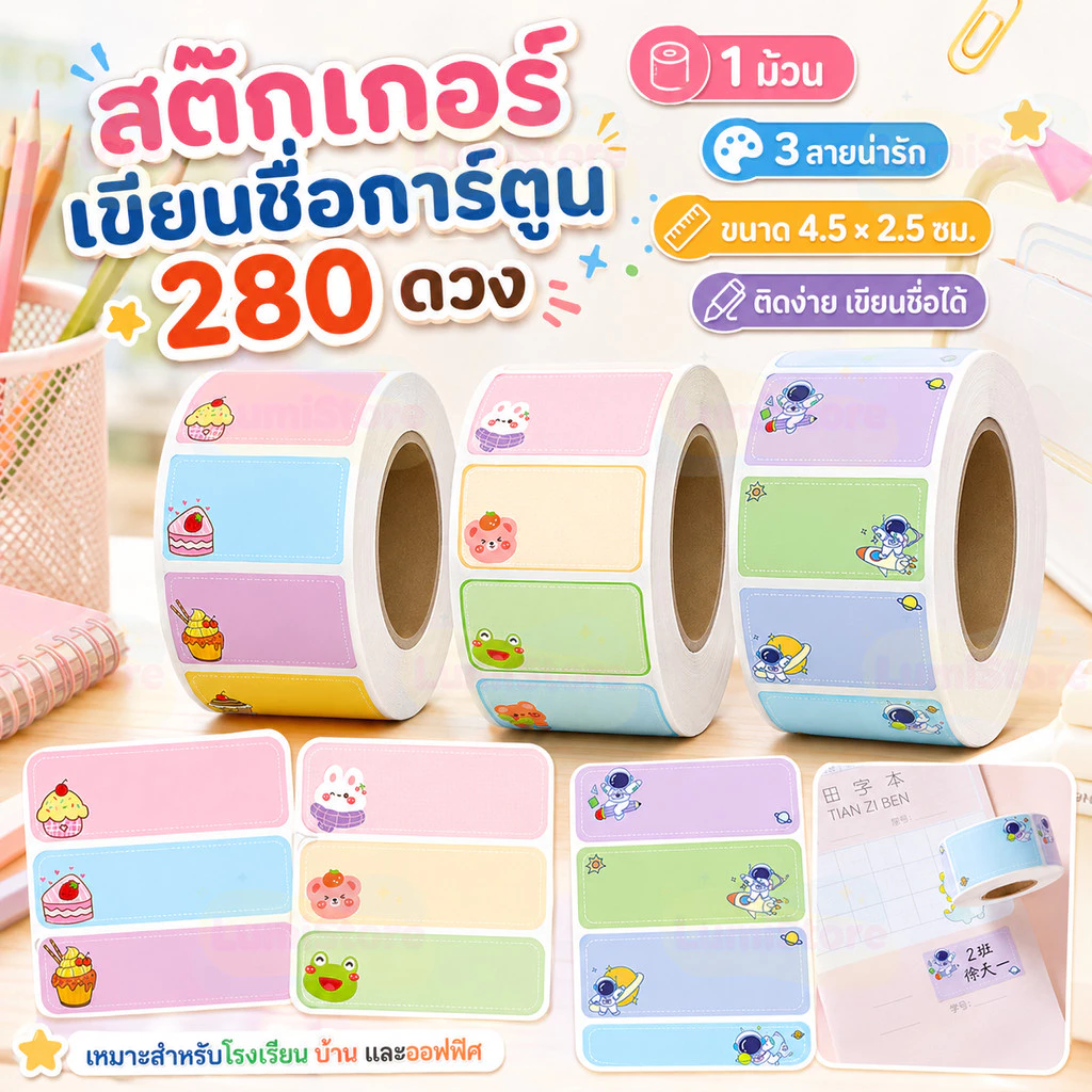 280 ชิ้น สติ๊กเกอร์ชื่อ ลายการ์ตูนน่ารัก ป้ายชื่อติดเครื่องเขียน สำหรับเด็กอนุบาลและโรงเรียน