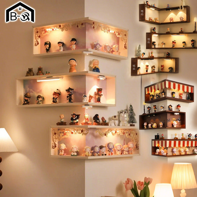 BHQ ชั้นวางของแบบแขวน มุมไม้เนื้อแข็ง 90° แบบแขวนลอย สำหรับโชว์ Blind Box ฟิกเกอร์ หนังสือ