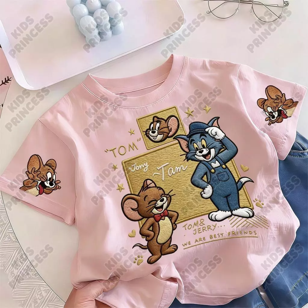 「งานเกรดพรีเมียม งานเกรด A」 ลายแมวกับหนูน่ารัก เสื้อแขนสั้น สีชมพู การ์ตูนเด็ก แฟชั่นเด็กหญิง CM พร้อมส่ง