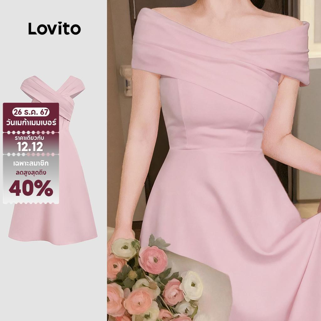 Lovito เดรสสวยหรู ทรงไม่สมมาตร ไหล่เดียว จีบระบาย สีชมพู สำหรับผู้หญิง เหมาะสำหรับฤดูใบไม้ผลิ/ฤดูร้อน L155ED217