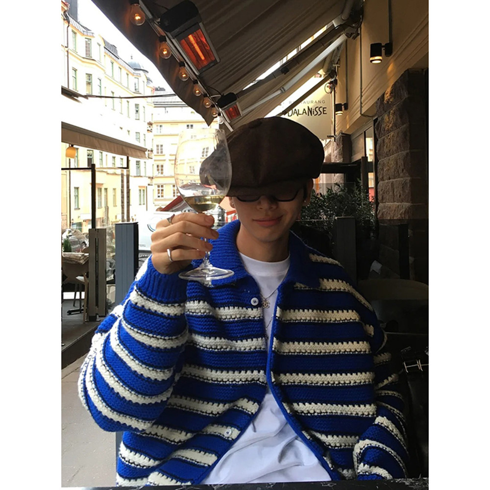 Bian Baekhyun สไตล์เดียวกันสีฟ้าสีขาว Contrast สีลายเสื้อเสื้อถัก ins อินเทรนด์ฤดูใบไม้ร่วงฤดูหนาวขี