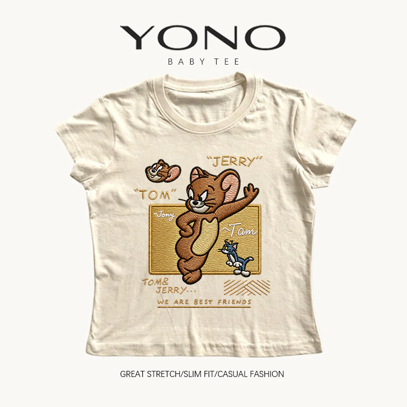 (พร้อมส่ง24ชม.) baby tee สีครีม ลายการ์ตูนแมวหนูวินเทจ ทรงเข้ารูป สไตล์อเมริกันน่ารัก ใส่สบายแมตช์ง่าย
