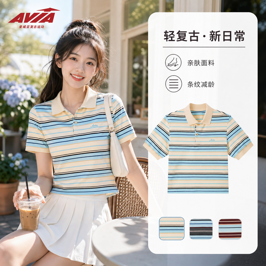 [ส่วนร่วม Cai Xukun] AVIA AVIA Preppy Style Striped POLO Shirt Retro Slimmer Look All-Match Summer T