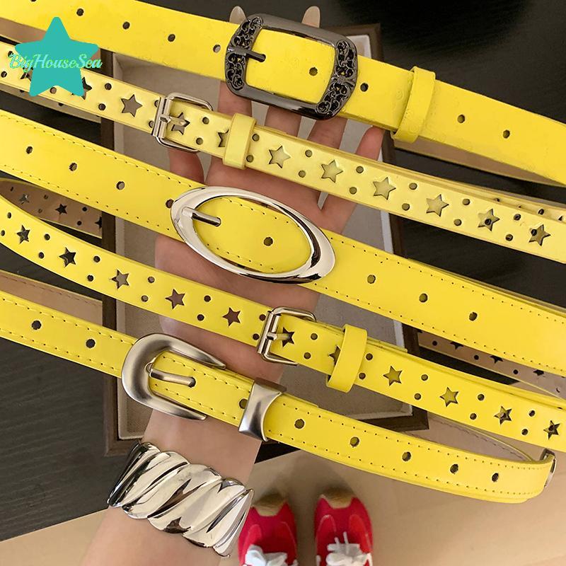 [Sea-t] Summer Dopamine Lemon Yellow Womens Belt Trend Simple Belt Subculture Y2K Belt Punch Free Be