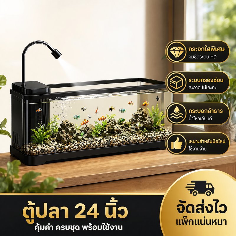 ตู้ปลา 24 นิ้ว ตู้ปลากรองในตัว น้ำตกใส HD พร้อมไฟ LED เลี้ยงปลากัด กุ้ง ปลาเล็ก ตั้งโต๊ะ