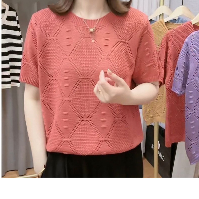 เสื้อท็อปแขนสั้นผ้าถักกลวงสําหรับฤดูร้อนของผู้หญิงน้ําหนักเบาระบายอากาศคอกลมเรียบง่ายสไตล์ลําลองเสื้ออเนกประสงค์