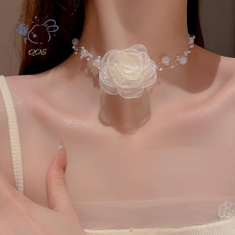 [QOE] โรแมนติกเค้นคอดอกไม้มุก Nelace โซ่คอหญิงดอกไม้ Nelace VN