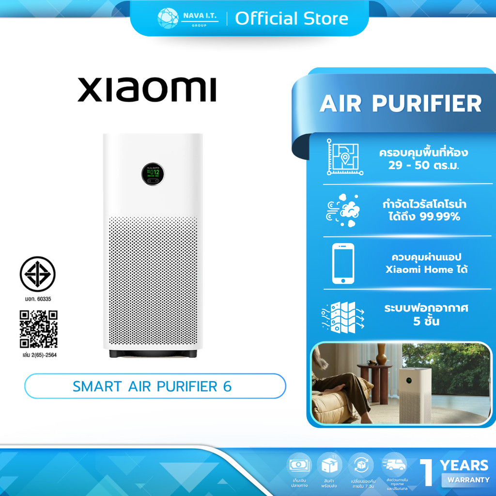 (มีส่งด่วน)  Xiaomi Smart Air Purifier 6 เครื่องฟอกอากาศ / เซ็นเซอร์ฝุ่น / จอแสดงผล LCD สี / รับประกัน 1 ปี