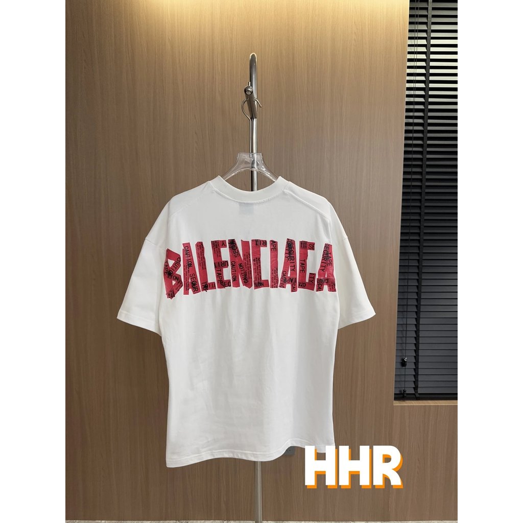 [รุ่นที่ถูกต้อง] Balenc1ag @/Paris TAPE TYPE SS25 TAPE Letter Logo พิมพ์รอบคอหลวมแขนสั้นเสื้อยืดรุ่น