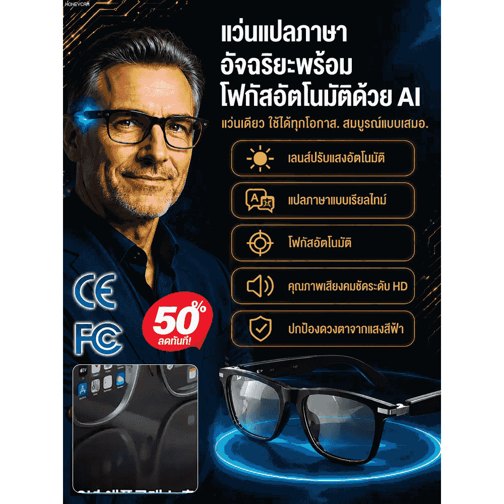 🔥 สินค้าขายดี! ✨ ปรับโฟกัสอัตโนมัติ เปลี่ยนสีตามแสง UV แปลภาษา AI เรียลไทม์ กันน้ำกันเหงื่อ ทนทาน ใช้งานง่าย ปกป้องดวงตา แว่นตา AI อัจฉริยะรุ่น SL ปรับโฟกัส เปลี่ยนสี กันแดด แปลภาษา AI บางเบา ใส่สบาย ดีไซน์ล้ำสมัย ส่งฟรี!