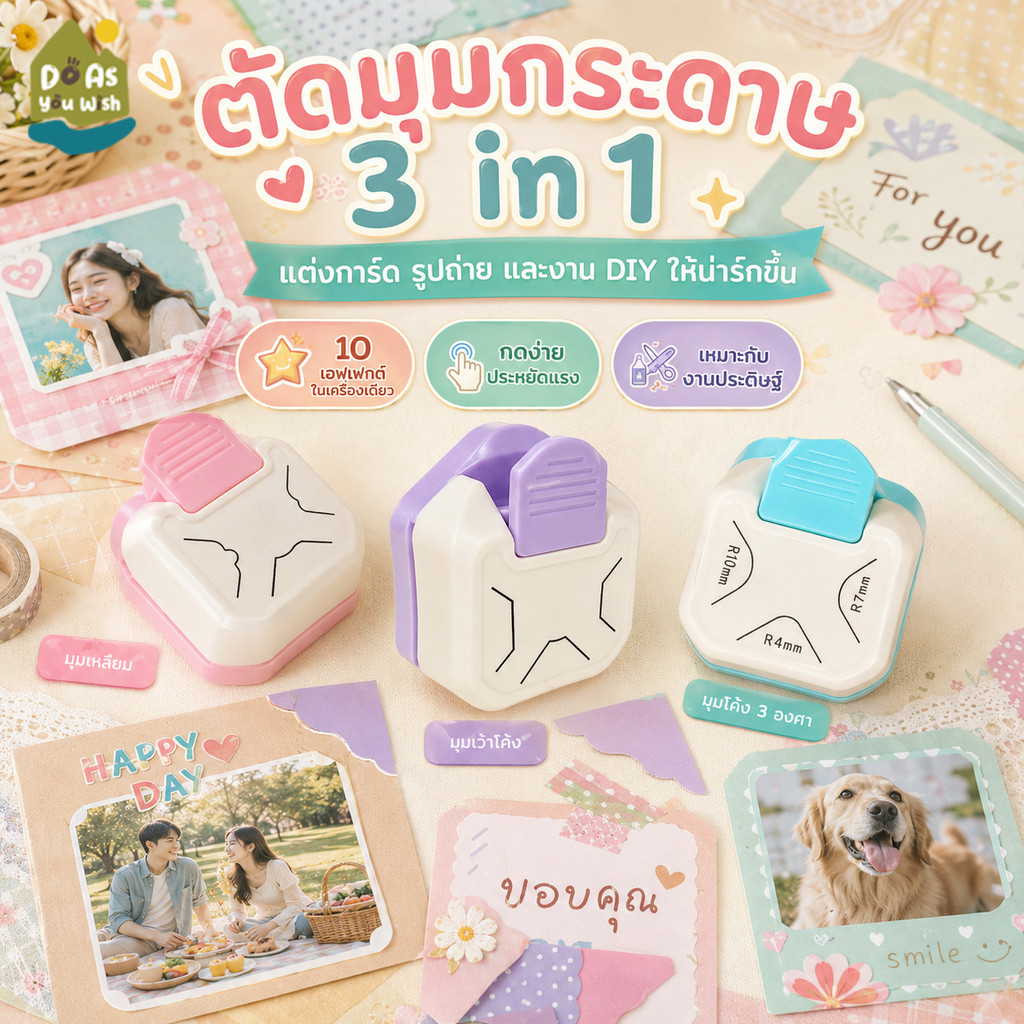 3in1 เครื่องตัดมุม ที่ตัดมุม กระดาษ ตัดได้ 3ความโค้ง เครื่องตัดมุมนามบัตร Corner Punch ประหยัดแรง กดใช้งานง่าย R4mm