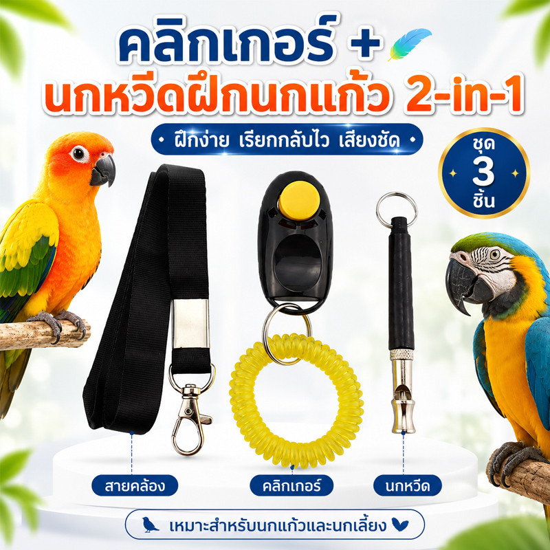 ชุดนกหวีด 3 in 1 Clicker dog training  นกหวีดฝึกสุนัข นกหวีกฝึกนก อัลตราซาวนด์ คลิ๊กเกอร์ สายคล้อง เสียงใสเสียงดี