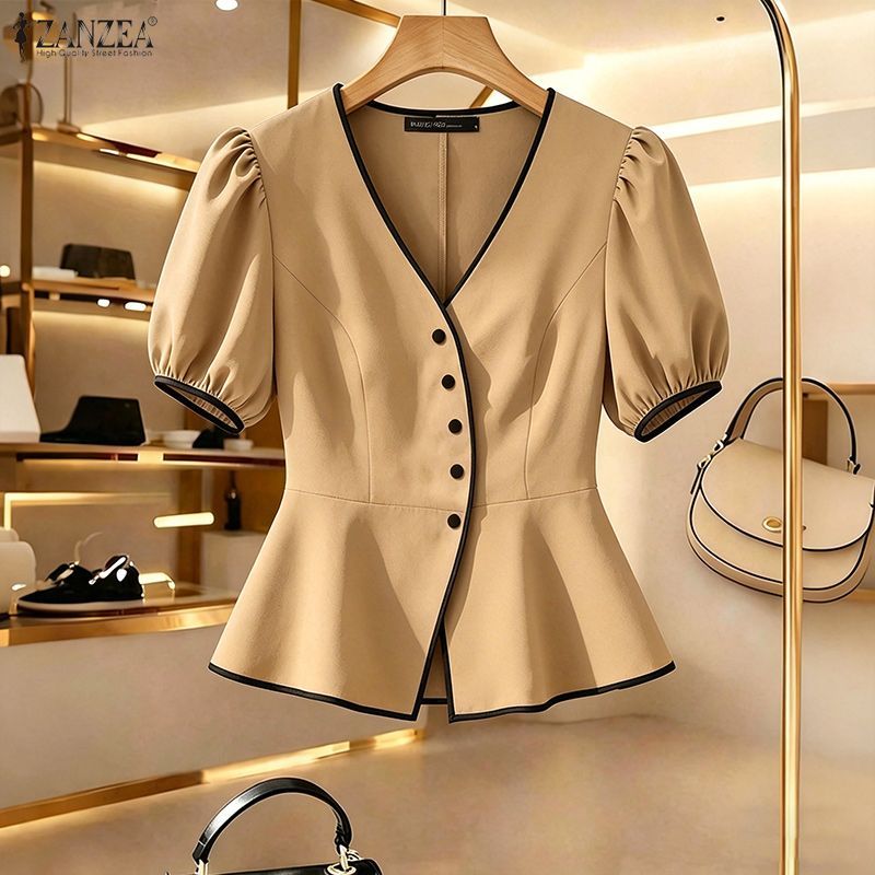 ZANZEA ผู้หญิงเกาหลี Elegant Officewear V คอพัฟแขนปุ่ม Contrast Edge Ruffles Hem เสื้อ — صورة 5