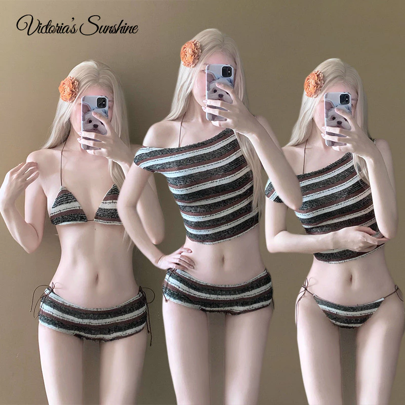 bikini บิกินี่ ชุดไปทะเล 4 ชิ้น ผ้าลายทาง มีฟองน้ำ สไตล์ฤดูร้อนใหม่#1155