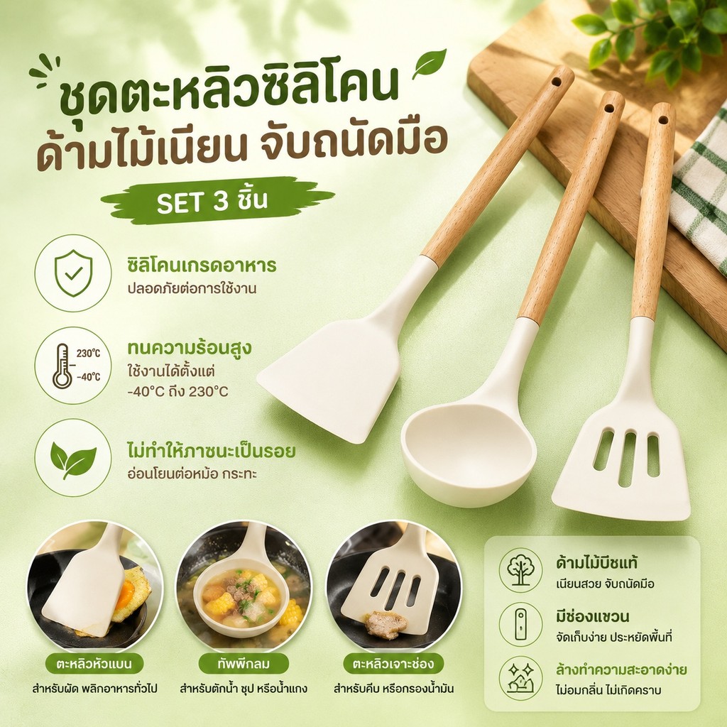 S00008  สําหรับทําอาหาร/ชุดบนโต๊ะอาหารทนความร้อนช้อนและช้อนชุด-3ชิ้นซิลิโคนบนโต๊ะอาหาร