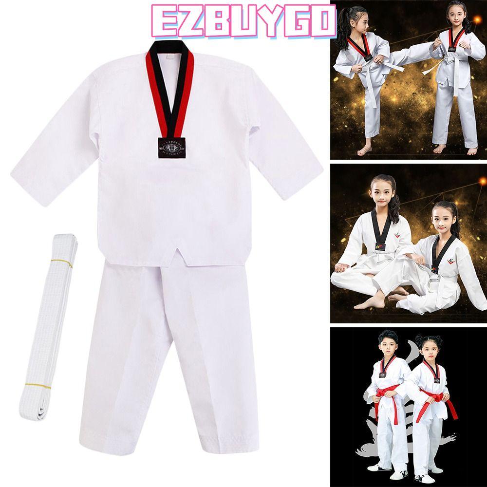 MEERRTH เทควันโดเครื่องแบบ,ผ้าฝ้ายแขนยาวเด็ก TKD เครื่องแต่งกาย, แฟชั่น V คอสีขาว Professional WTF ค