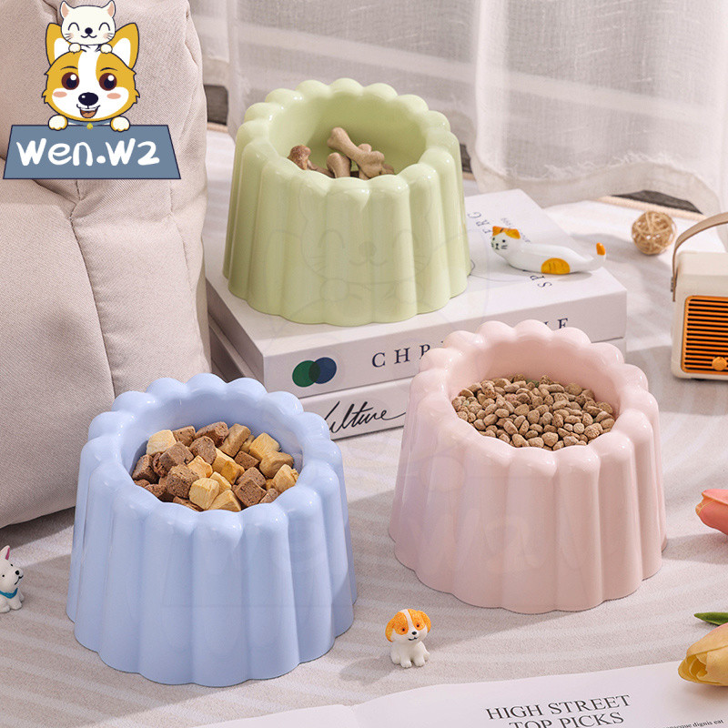 wen.W2 🐱🐶ชามแมวสูงปกป้องคอ ปากเอียง ขอบดอกไม้ลายริ้วแนวตั้ง ดีไซน์เรียบหรู ชามขาสำหรับแมวและสุนัขเล็ก
