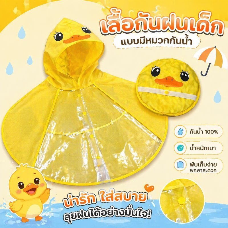 เสื้อกันฝนเด็ก ชุดกันฝนเด็ก ลายเป็ดเหลือง หมวกใส กันน้ำ พับเก็บได้ คลุมกระเป๋า ไปโรงเรียน