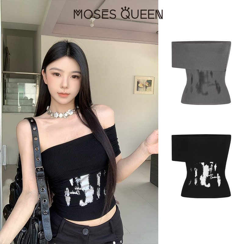 < MOSESQUEEN > มอสส์ ราชินี สไตล์อเมริกันย้อนยุคสาวสไตล์ปิดไหล่ที่ไม่มีสายหนังพิมพ์ออกแบบติดตั้งเสื้อแขนสั้น #63690