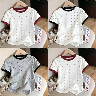 เสื้อยืดแขนสั้นลายจุดเล็กคลาสสิกขอบคอสีตัด สินค้าจำเป็นฤดูใบไม้ผลิ-ร้อน ผ้าฝ้ายเนื้อละเอียดนุ่มละมุน ซักแล้วทนทาน