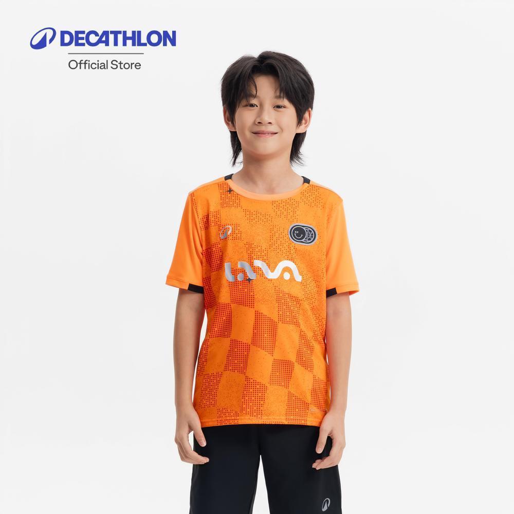 Decathlon Kids' Short-Sleeved Football Shirt เสื้อฟุตบอลแขนสั้นเด็ก รุ่น Viralto Roarrr ลาย Mandrill - Black/Orange