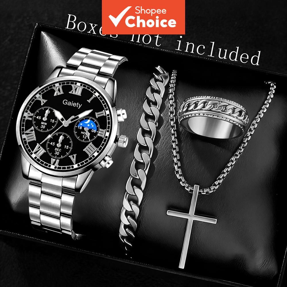 ชุดนาฬิกาควอทซ์ผู้ชาย 4 ชิ้น Minimalist Luxury Vintage Elegant Alloy นาฬิกาข้อมือ