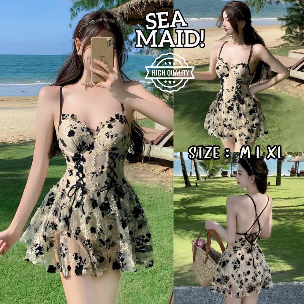 SEA MAID ชุดเดรสรัดรูป เดรสสายเดี่ยว ลายดอกไม้น่ารักๆอกแต่งลูกไม้ 💦  มีไซส์ M-XL | น้ำหนัก 40-65 กก. ส่งไว Y104