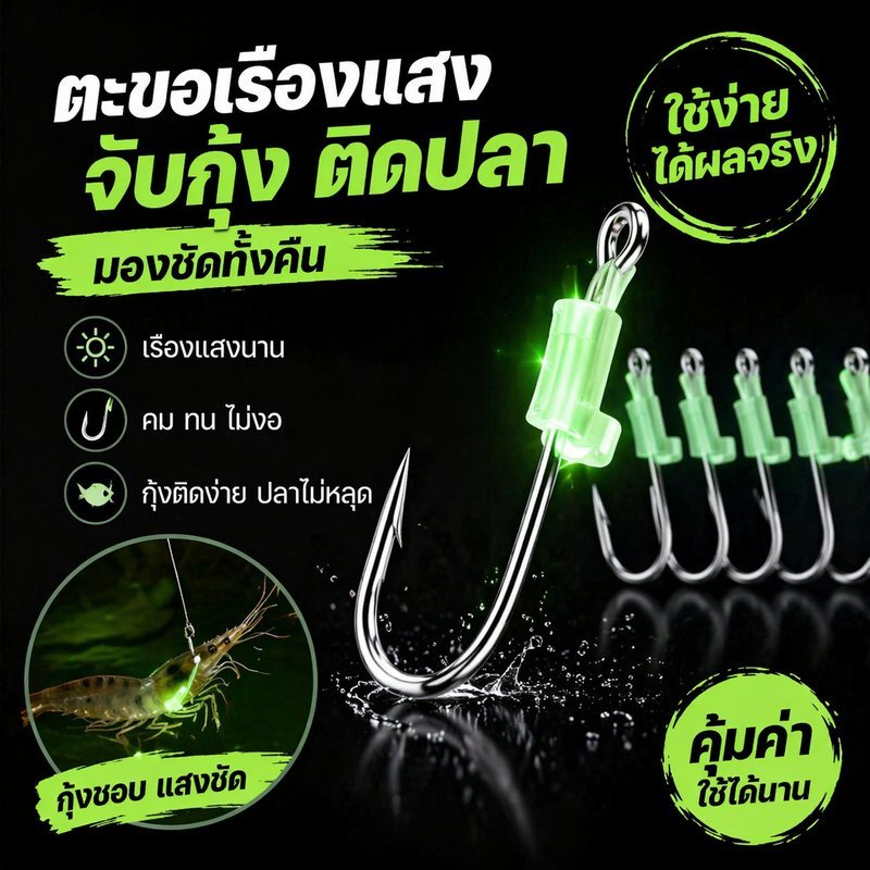 ตะขอเกี่ยวปลา ตะขอเกี่ยวกุ้ง เรืองแสง เบ็ดตกปลา ปลายสามเหลี่ยม คมแข็ง กันปลาหลุด น้ำจืด น้ำเค็ม