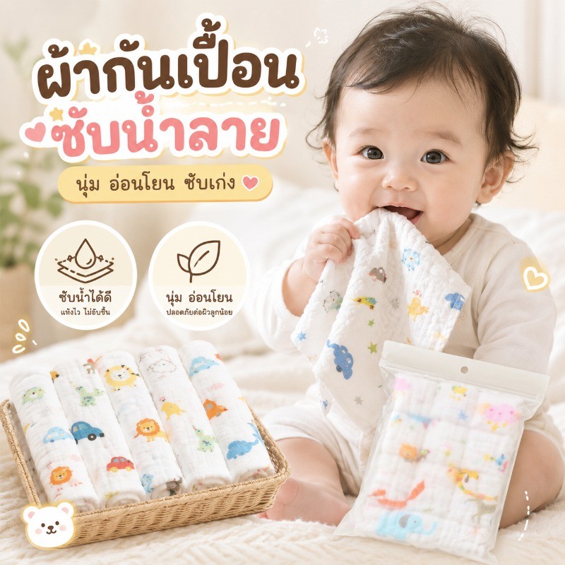 ผ้าเช็ดหน้าสาลู ผ้าเช็ดหน้า 5 ชิ้น วัสดุปลอดภัย ซึมซับน้ำได้ดี ระบายอากาศ ผ้าก๊อซ