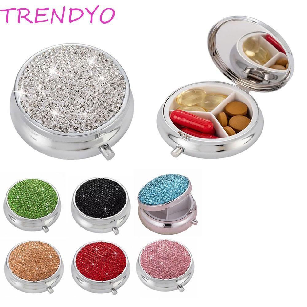 TRENDYO บรรจุแท็บเล็ตยา, กล่องยาทรงกลม Rhinestone ขนาดเล็ก, แบบพกพากันน้ํารอบความชื้น Travel Pill Organizer สํานักงาน