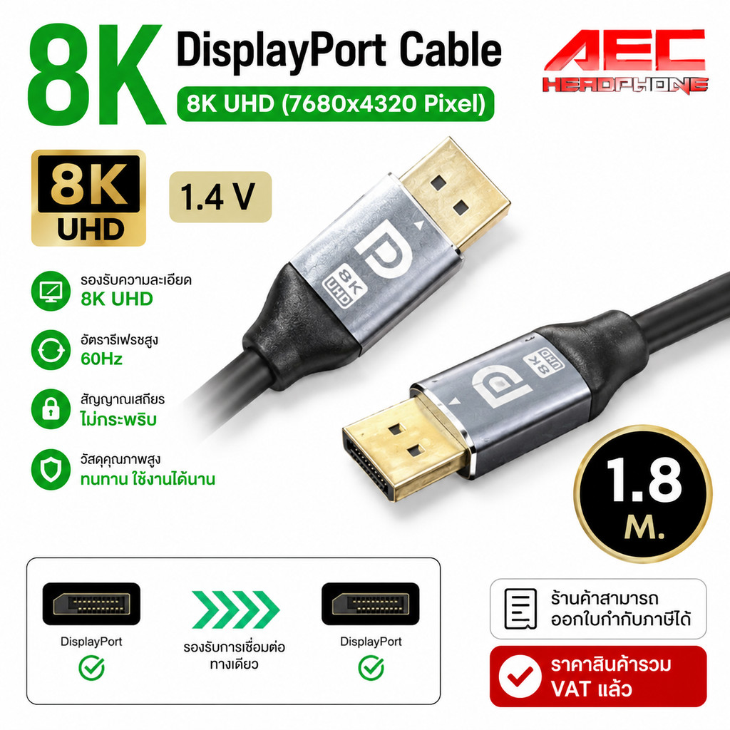 สาย DisplayPort 1.4 (DP to DP) รองรับ 8K UHD @60Hz / 4K @144Hz ความยาว 1.8M