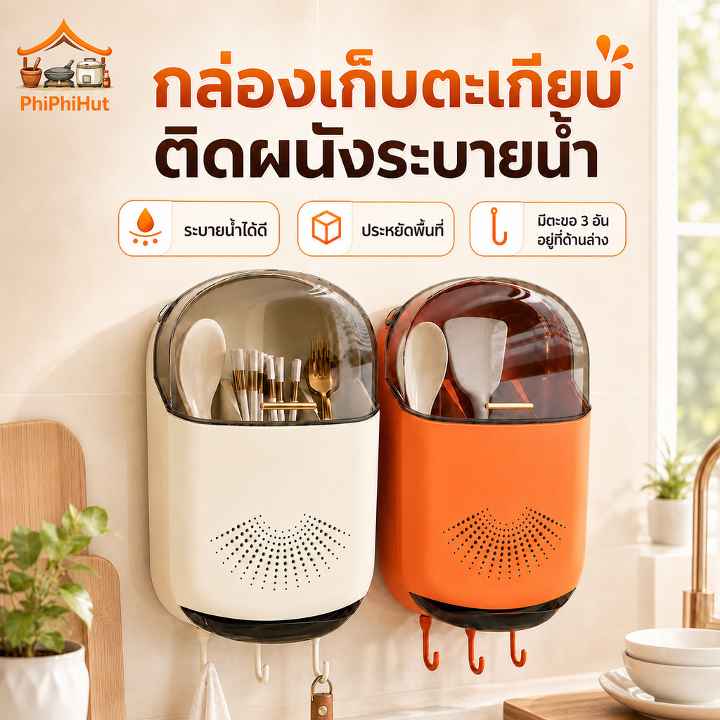 PPH กล่องเก็บตะเกียบ ติดผนัง ระบายน้ํา แบบมีฝาปิด กล่องเก็บช้อนส้อม ติดผนัง ป้องกันฝุ่น กันแมลง