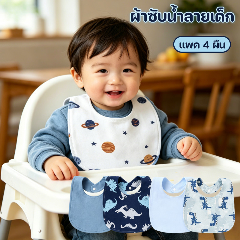 ผ้าซับน้ำลายเด็ก (แพค 4 ผืน) ผ้ากันเปื้อนเด็ก มีกระดุมติด ดูดซับน้ำได้ดี ทำความสะอาดง่าย