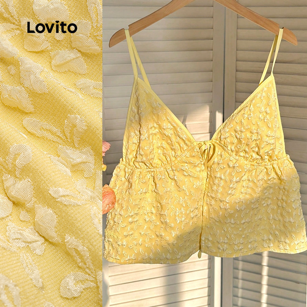 Lovito Boho เสื้อท็อปจัคการ์ดแบบผูกด้านหน้าสำหรับเที่ยวพักผ่อน ฤดูใบไม้ผลิ/ฤดูร้อน สีเหลือง L138ED378