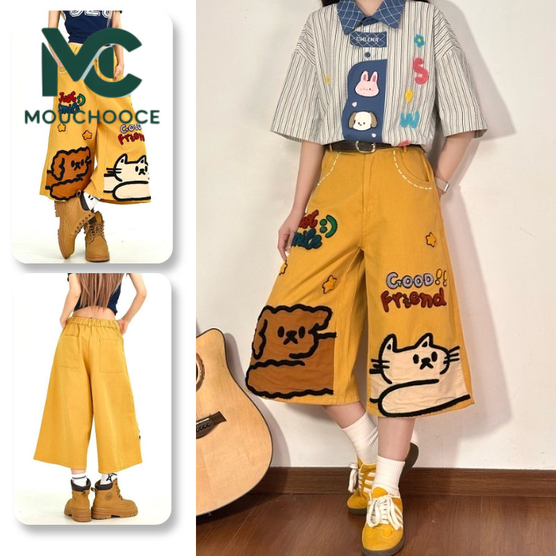 MouChooce กางเกงขาสั้นผู้ชายอเมริกันย้อนยุคการ์ตูนผ้าขนหนูเย็บปักถักร้อยสไตล์เป็นกลางคุณภาพสูง