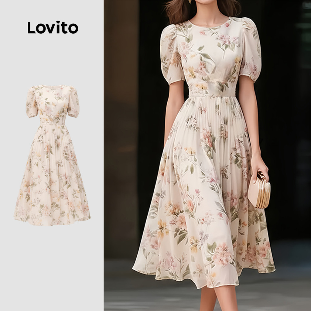 Lovito ชุดเดรสผู้หญิงลําลองแต่งระบาย สําหรับฤดูใบไม้ผลิ/ฤดูร้อน LK5ED175