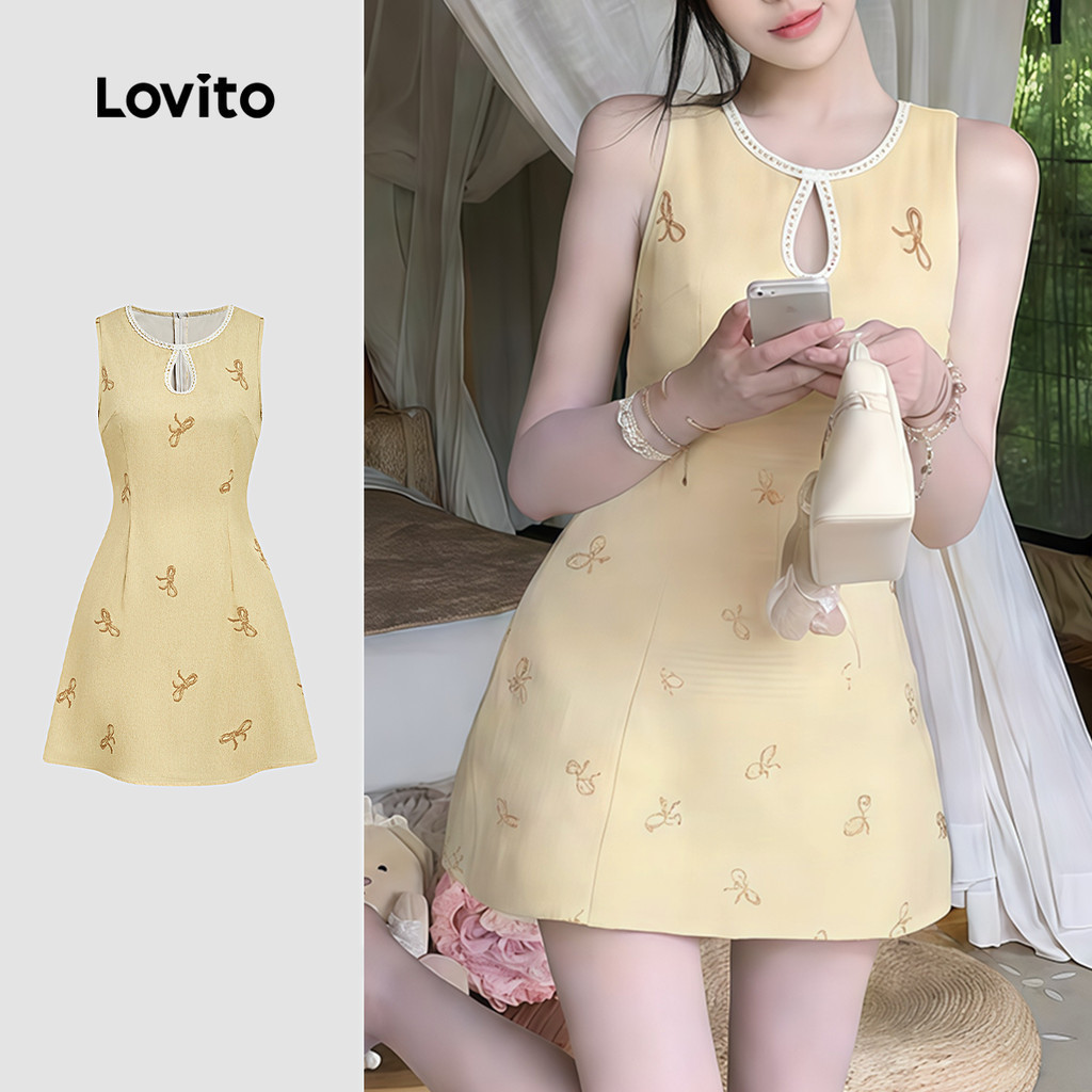 Lovito  ชุดเดรสลําลอง ซิปผ่าหน้า รัฟเฟิลคอ สีเหลือง สําหรับผู้หญิง ฤดูใบไม้ผลิ/ฤดูร้อน L177ED219