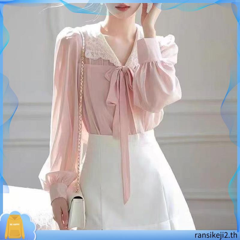 BTB564 - Pink lace collar blouse เสื้อแขนยาวคอปกลูกไม้สีชมพู