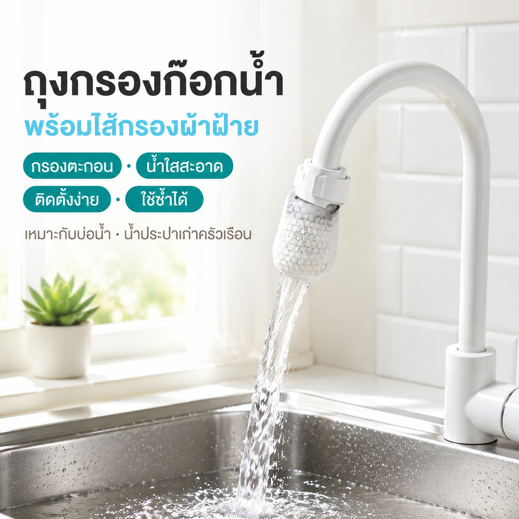 ถุงกรองก๊อกน้ำ พร้อมไส้กรองผ้าฝ้าย กรองตะกอนสิ่งสกปรก น้ำขุ่น ติดตั้งง่าย ใช้ซ้ำได้ เหมาะกับบ่อน้ำ น้ำประปาเก่าครัวเรือน