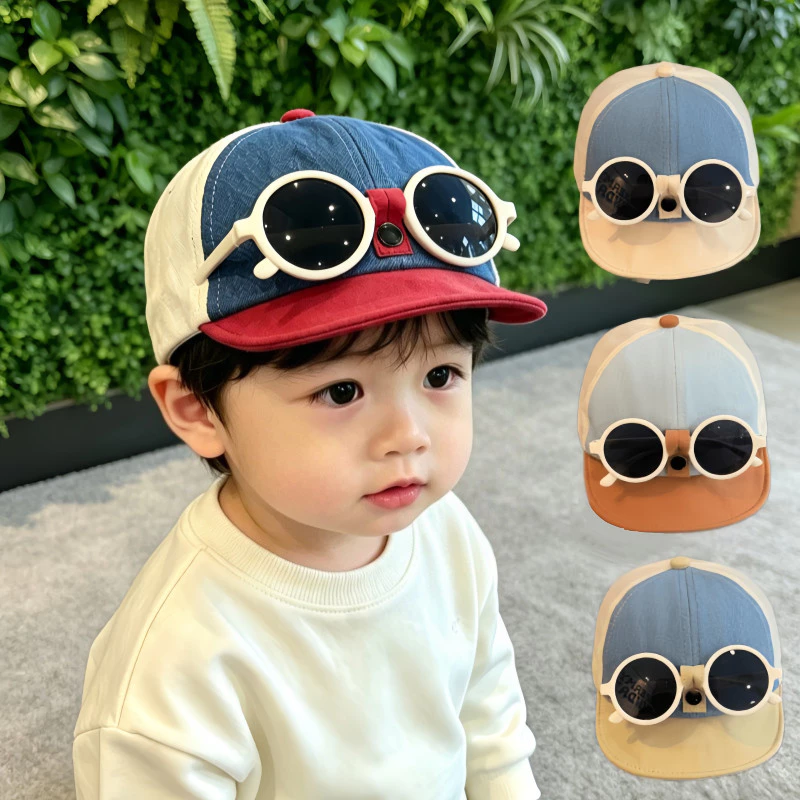 หมวกเบสบอลเด็ก มีแว่นตา น่ารักมาก ป้องกันแสงแดด ปรับขนาดได้ หมวกเด็ก