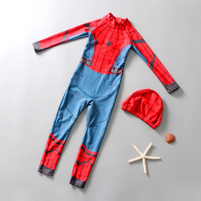ชุดชุดว่ายน้ําเด็ก Spiderman - Boys Full Body UPF50+ แขนยาว Rash Guard พร้อมหมวกว่ายน้ําชุดว่ายน้ําชิ้นเดียวแห้งเร็ว