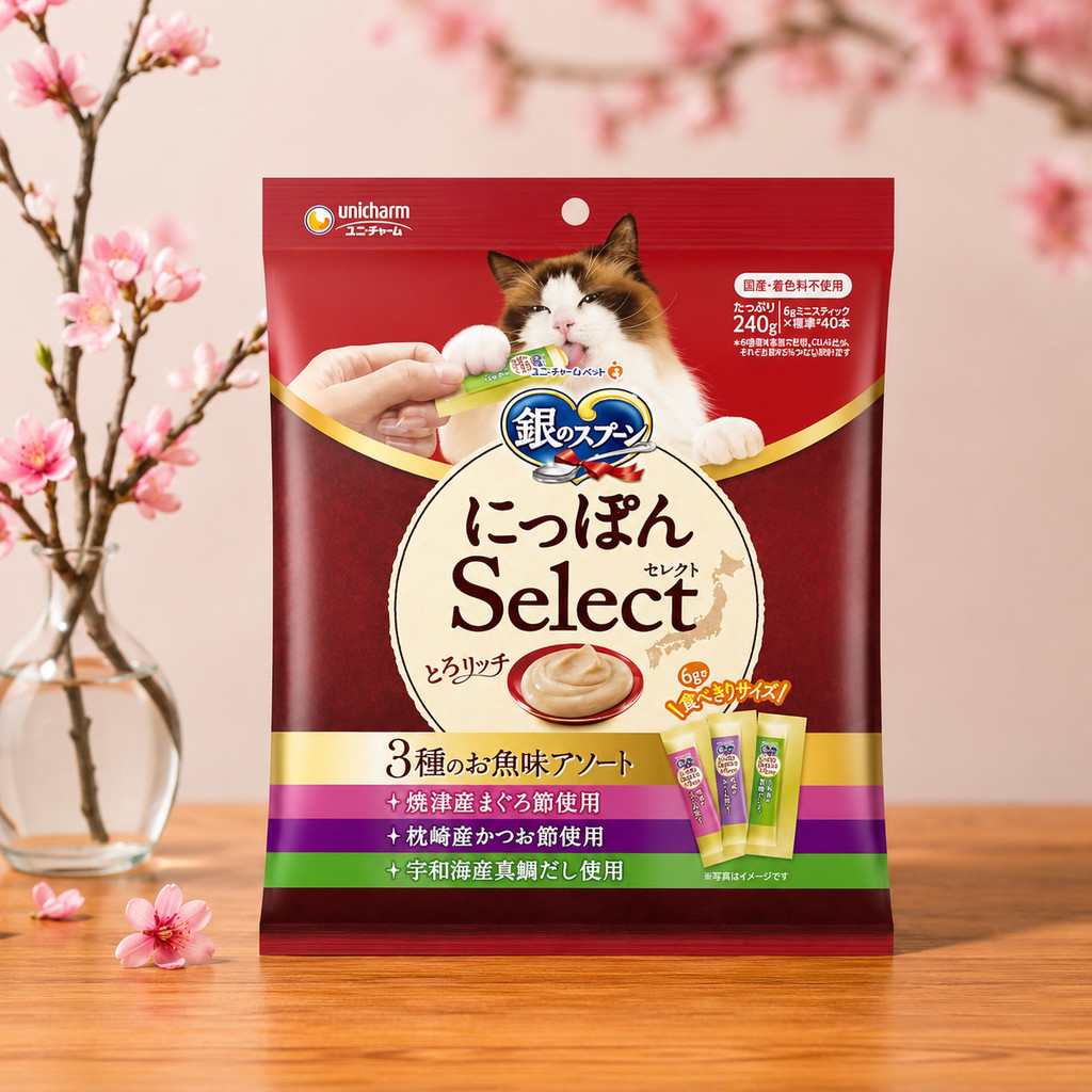 Silver Spoon Cat Treats - Nippon Select Rich & Creamy Assorted Fish Flavors (Tuna, Bonito, Sea Bream) 240g- Shipping from Japan -
