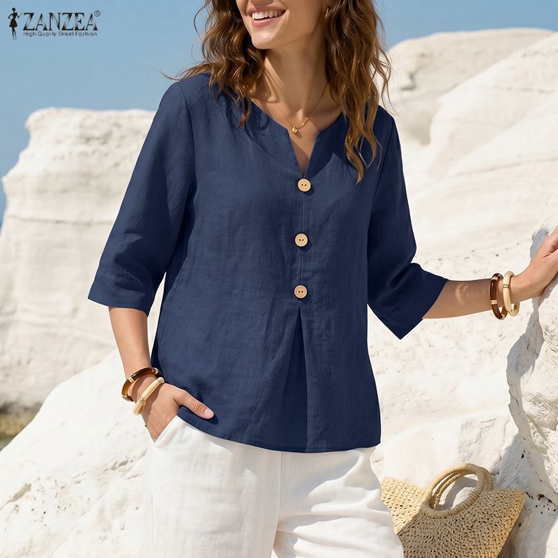 ZANZEA ซานเซีย แฟชั่นสตรีผ้าฝ้ายคอวีครึ่งแขนเสื้อหลวมแข็ง — صورة 5