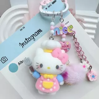 การ์ตูน Flocking Chef Hello Kitty Dopamine จี้โซ่โทรศัพท์มือถือ DIY พวงกุญแจห้อยกระเป๋า