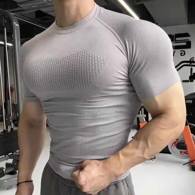 专业健身短袖男显肌肉无缝提花运动T恤跑步训练速干上衣紧身衣夏6.3Professional Fitness Short-sleeve Men's Muscle-enhancing Seamless J